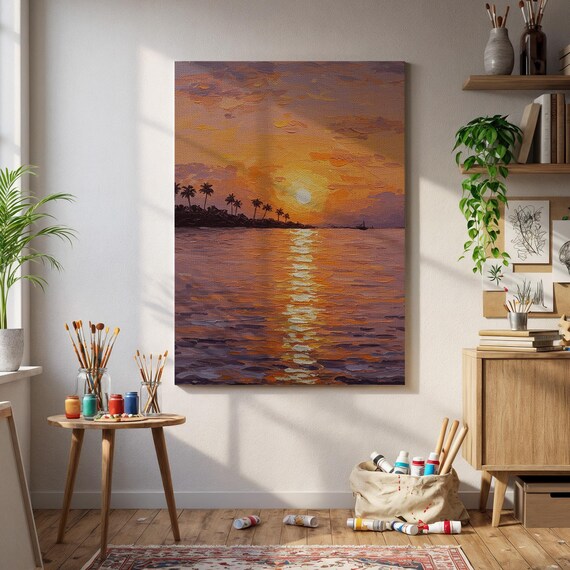 Framed Tropical Sunset Canvas Wall Art Palm Tree Beach Painting Vibrant Ocean Horizon Print For Bathroom Bedroom Or Relaxation Space