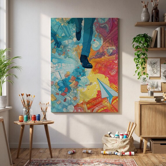 Framed Surreal Paper Plane Canvas Art Colorful City Collage Wall Print Bold Inspirational Decor For Students Dreamers Creative Spaces