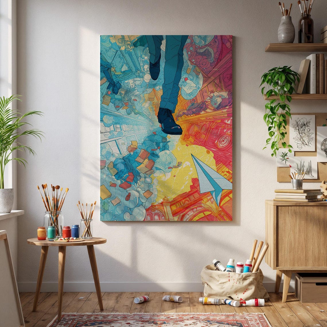 Framed Surreal Paper Plane Canvas Art Colorful City Collage Wall Print Bold Inspirational Decor For Students Dreamers Creative Spaces