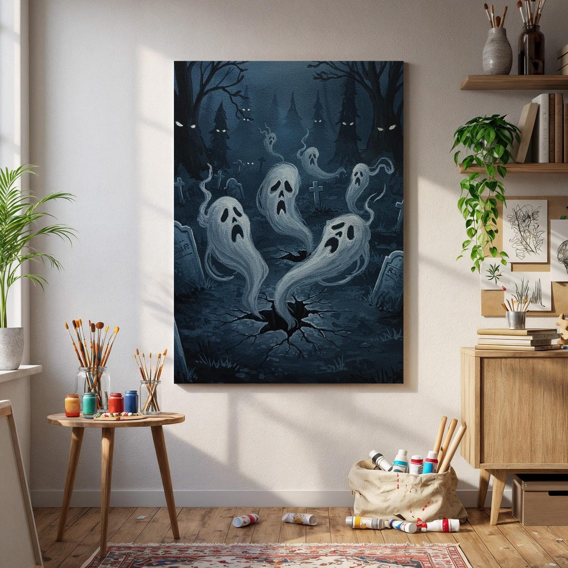 Ghosts Rising From Graveyard Spooky Halloween Night Art Poster