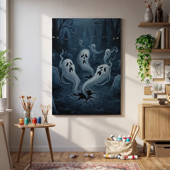 Ghosts Rising From Graveyard Cracks Spooky Halloween Spirit Art Print Haunted Forest Night Scene Scary Wall Decor Poster