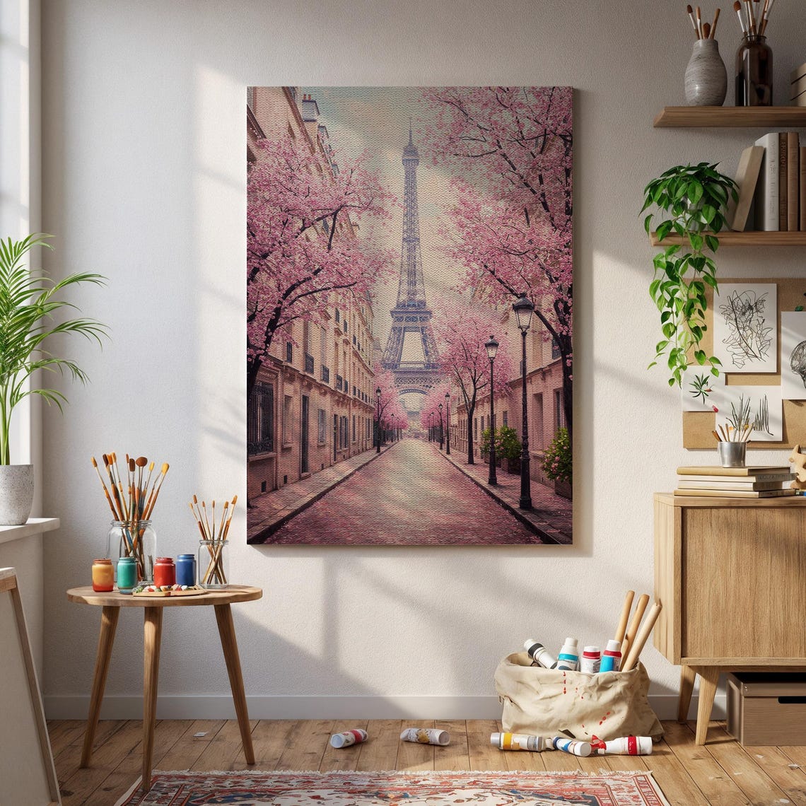 Paris Eiffel Tower Cherry Blossom Street Spring Canvas Poster