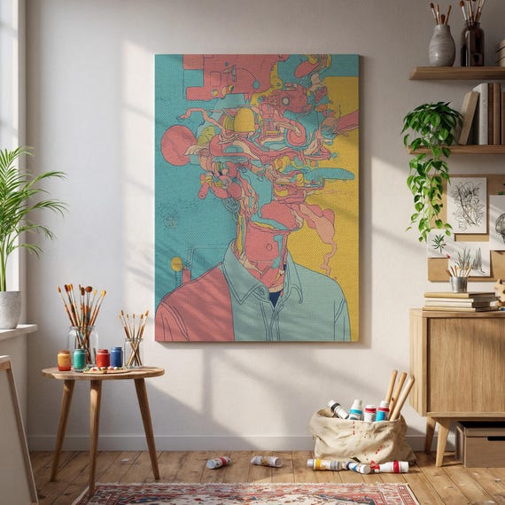 Framed Abstract Portrait Canvas Art Surreal Psychedelic Face Print Bold Modern Wall Decor For Creative Spaces Gift Collectors