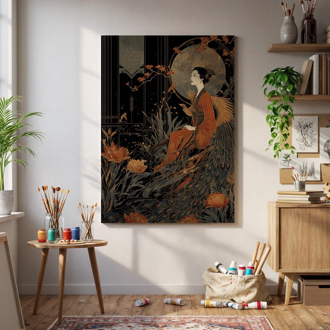 Japanese Woman Peacock Golden Moon Art Deco Black Gold Poster