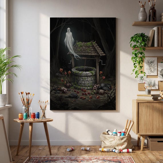 Haunted Stone Well With Ghost Rising in Dark Forest Horror Poster
