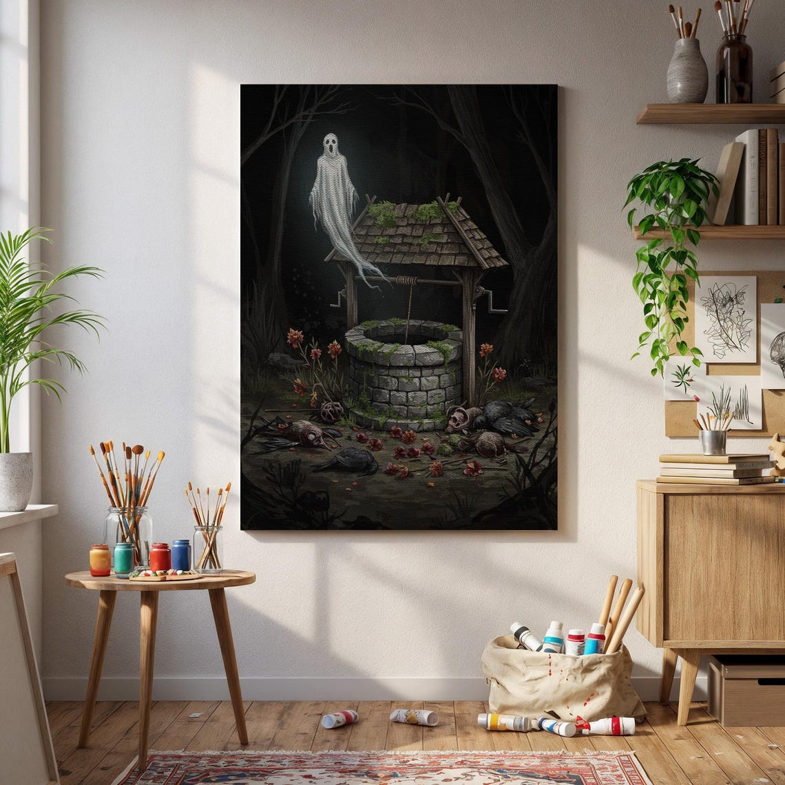 Haunted Stone Well With Ghost Rising in Dark Forest Horror Poster