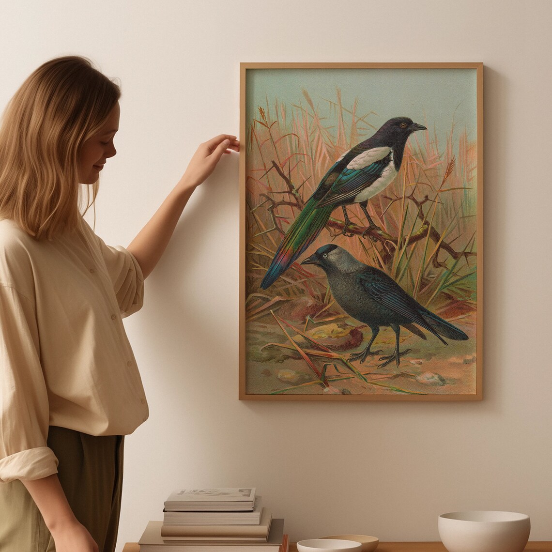 Magpie and Dark Songbird on Branch Vintage Naturalist Bird Art Poster - Image 2