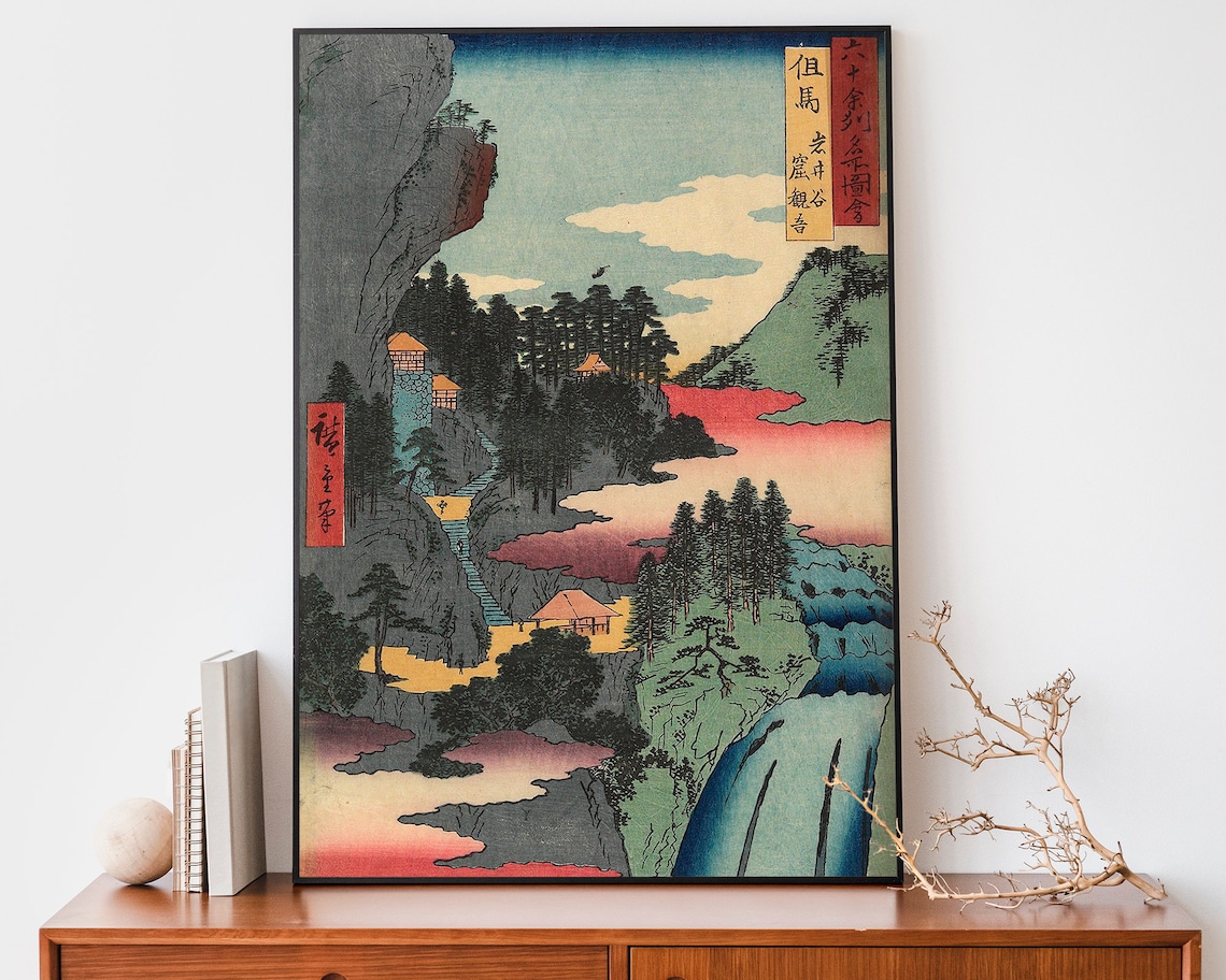 Hiroshige Tajima Temple Gorge Waterfall Japanese Woodblock Art Poster
