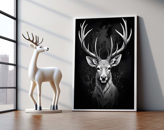 Deer Canvas Art Animal Wall Decor Majestic Stag Black And White Wildlife Ready To Hang
