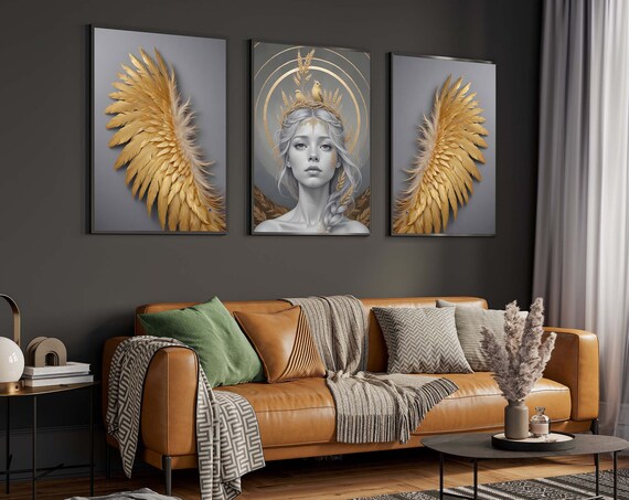 Set Of 3 Golden Angel Wings Modern Luxury Triptych Art Poster