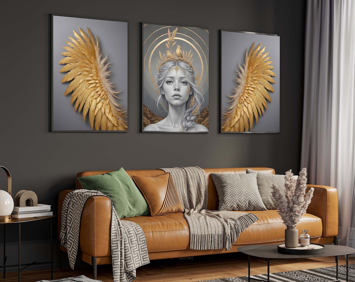 Set Of 3 Golden Angel Wings Modern Luxury Triptych Art Poster