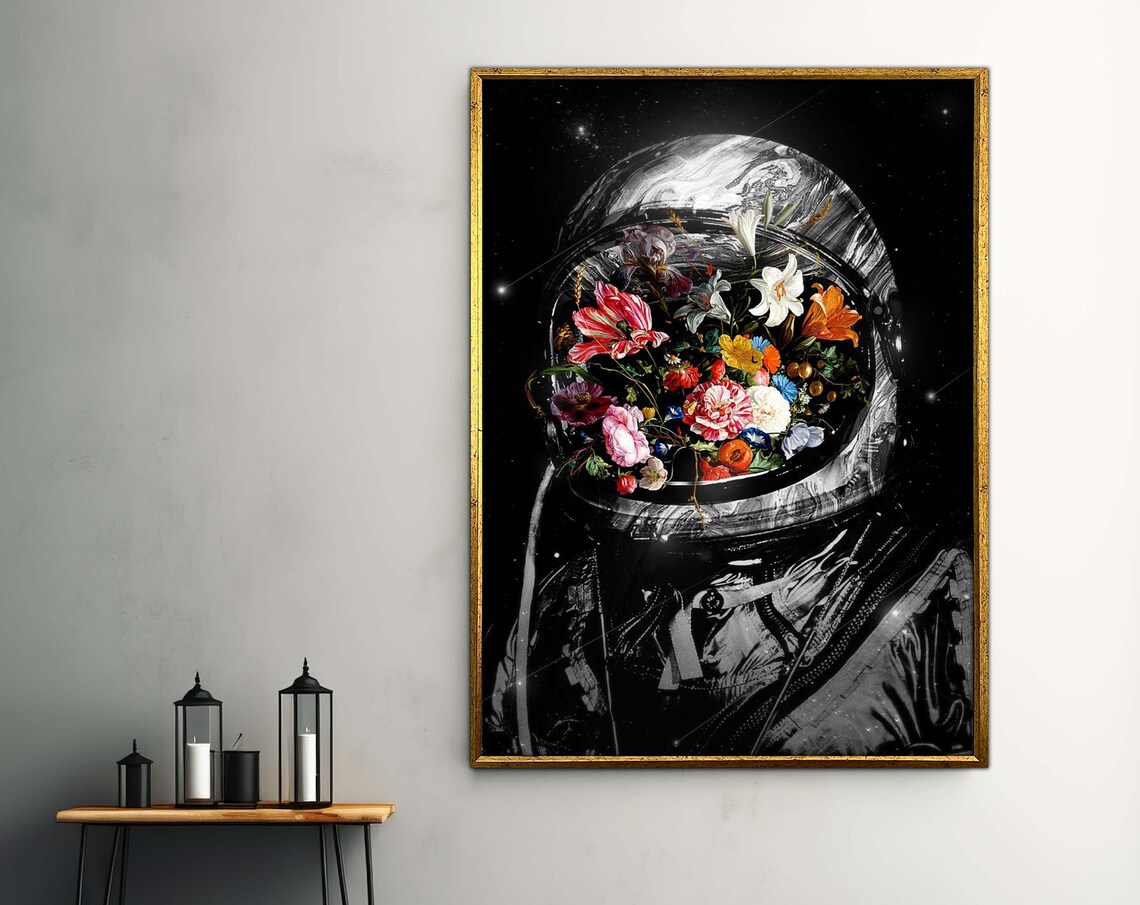 Astronaut Flower Helmet Space Galaxy Floral Art Surreal Poster