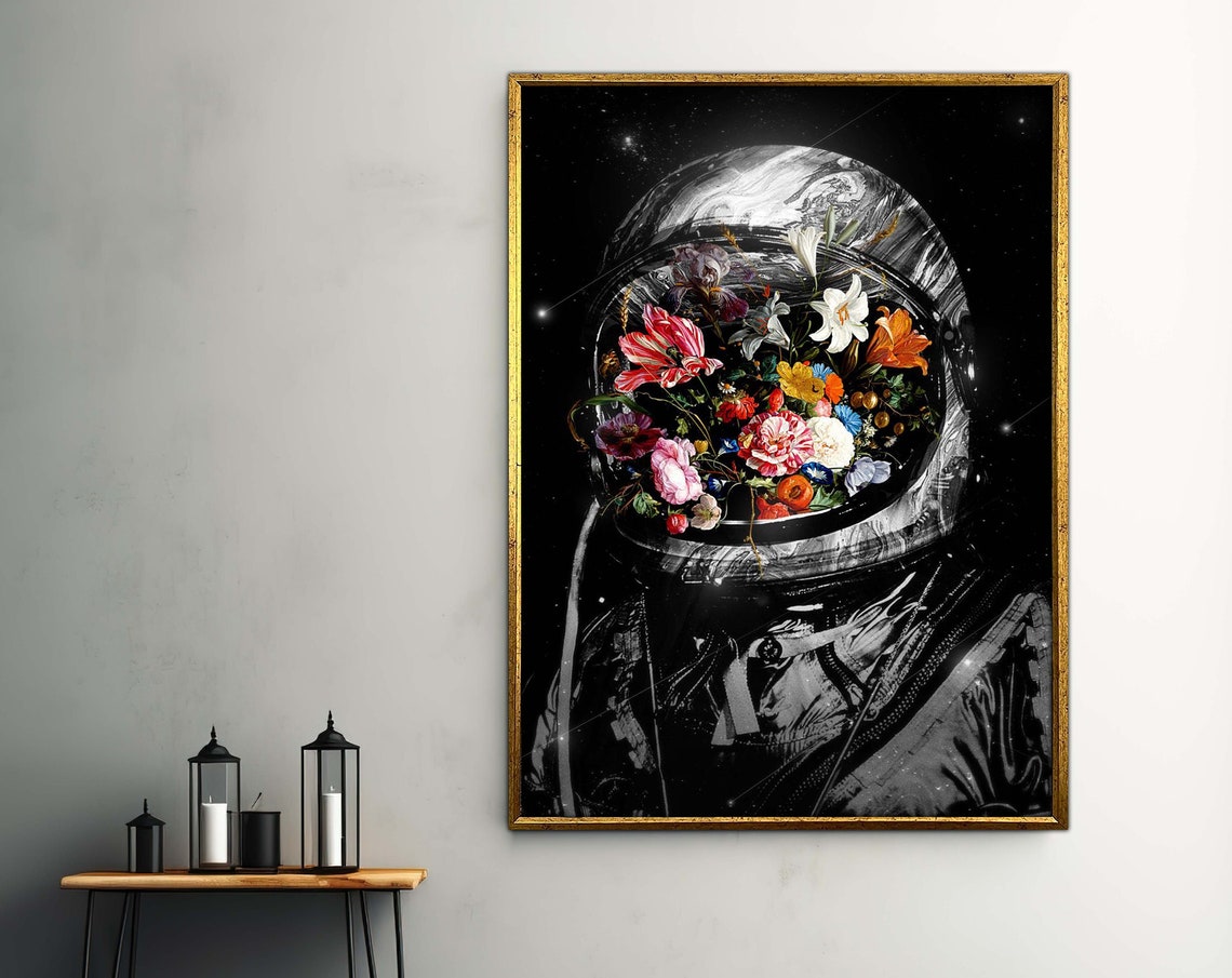 Blooming Astronaut Wall Art Extra Large Space Canvas Print Flower Decor Ready To Hang For Modern Home Atmosphere
