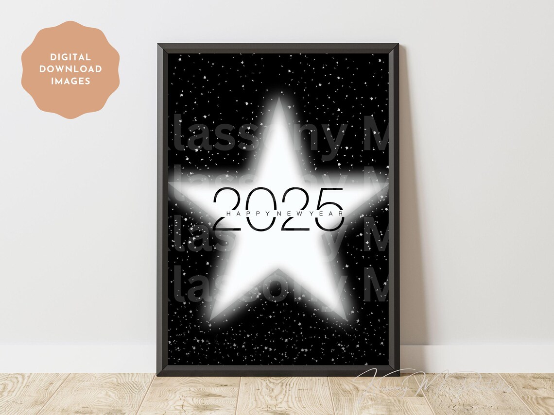2025 Happy New Year Glowing White Star Black Night Sky Poster - Image 4