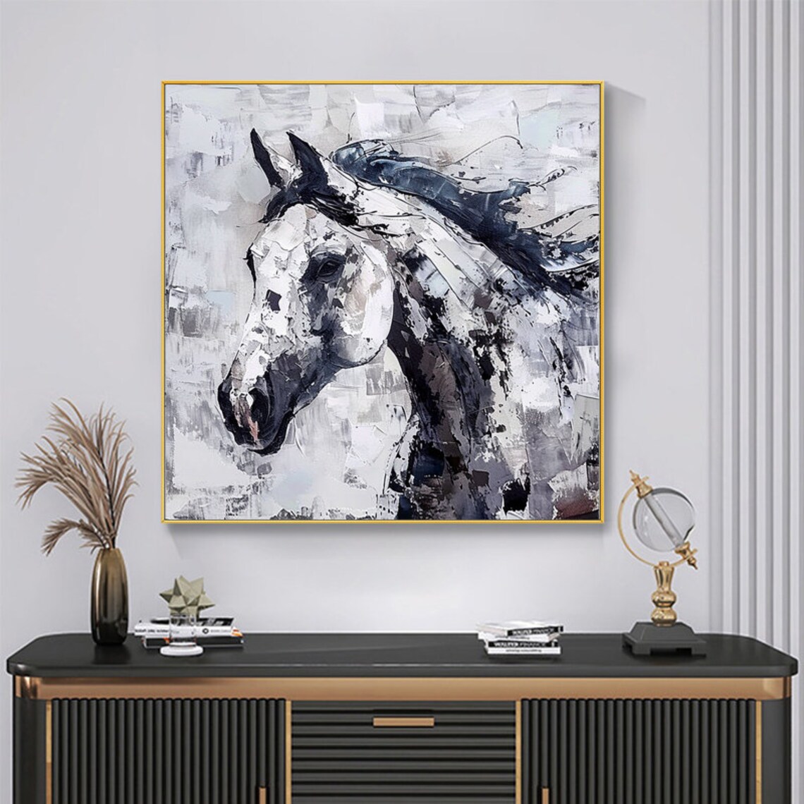 Gray White Horse Portrait Thick Palette Knife Expressive Art Poster - Image 3