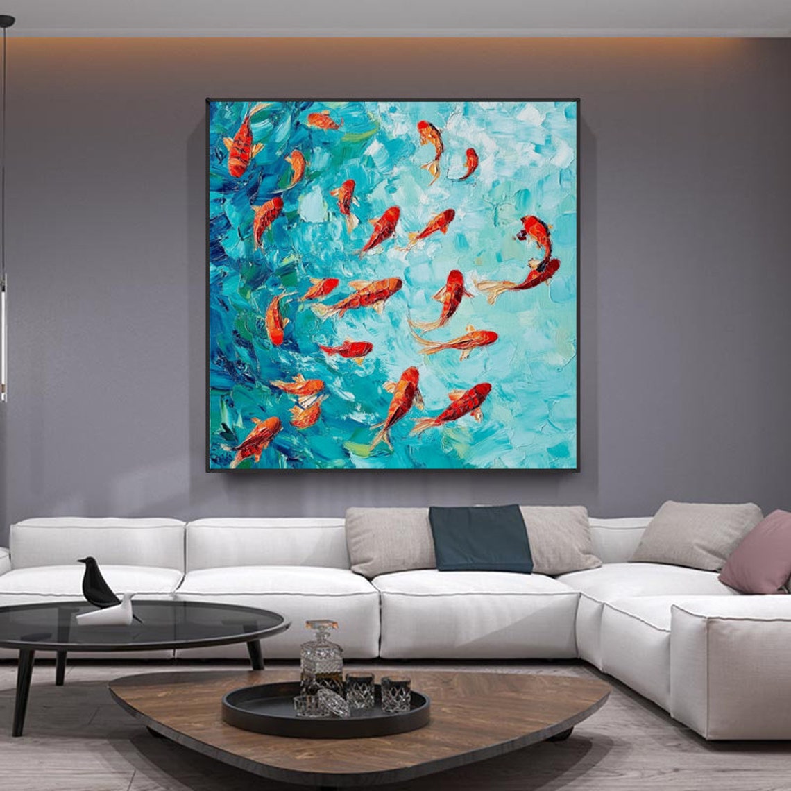 Red Koi Fish Swimming In Sparkling Turquoise Water Impasto Art Poster - Image 6