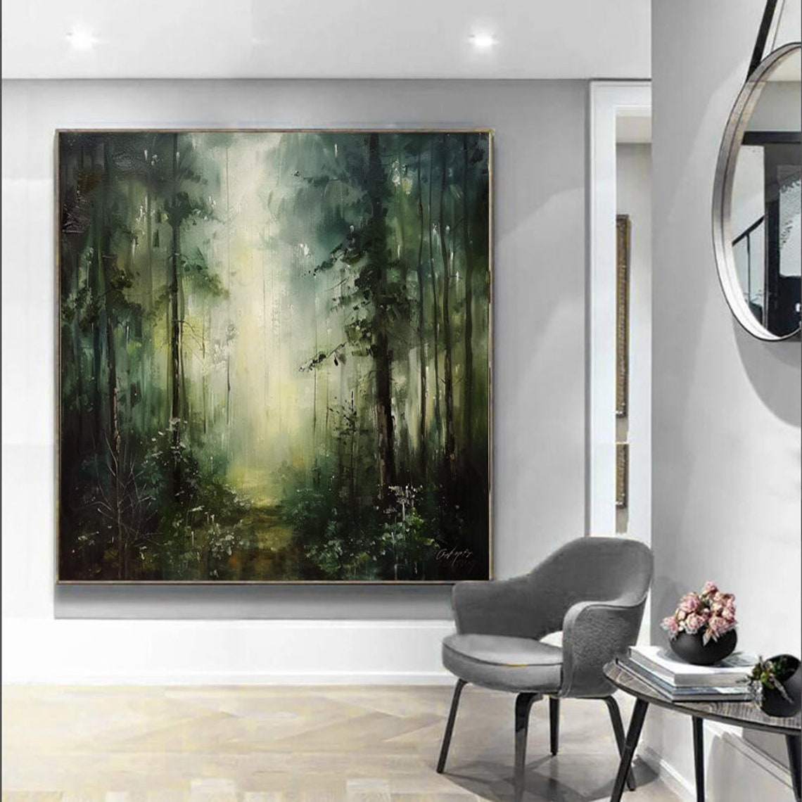 Misty Sunlit Forest Path in Soft Morning Light Nature Artwork Poster - Image 2