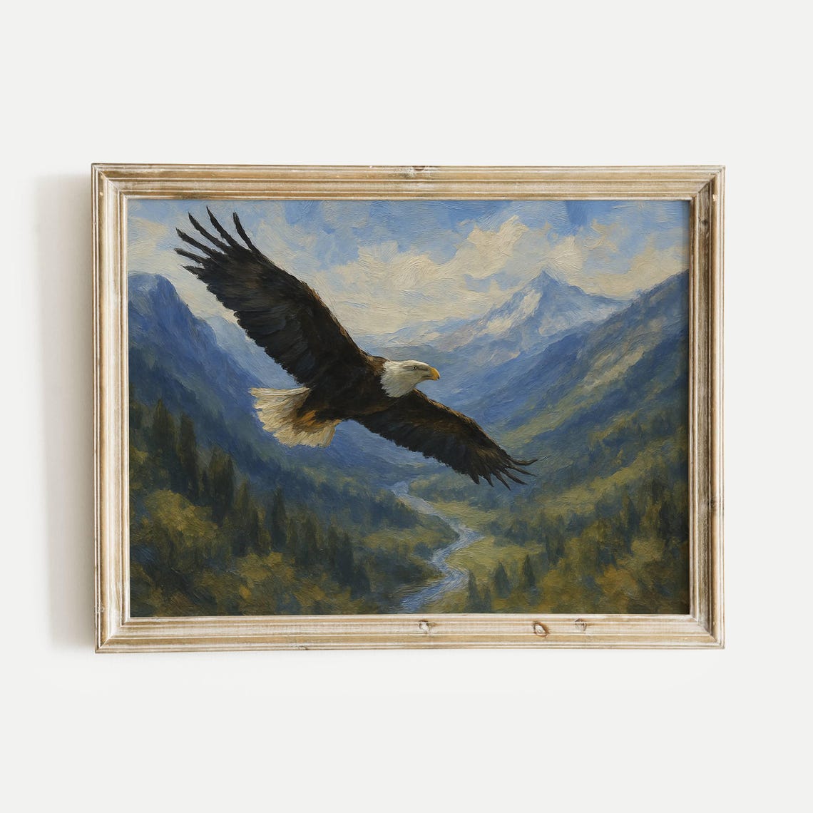 Bald Eagle Soaring Over A Mountain Valley Vintage Oil Poster