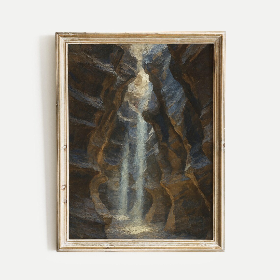 Dark Slot Canyon Waterfall With Shaft of Light Painting Poster