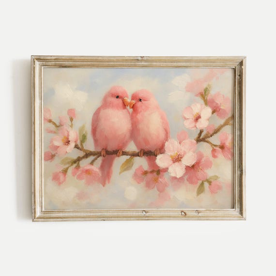 Lovebirds Pink Oil Painting Print Vintage Wall Art Home And Office Living Room Bedroom Nursery Decor