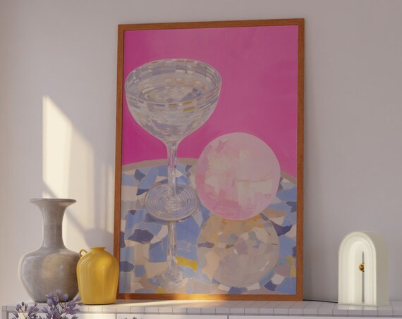 Disco Coupe Glass On Pink Mosaic Retro Party Bar Scene Poster