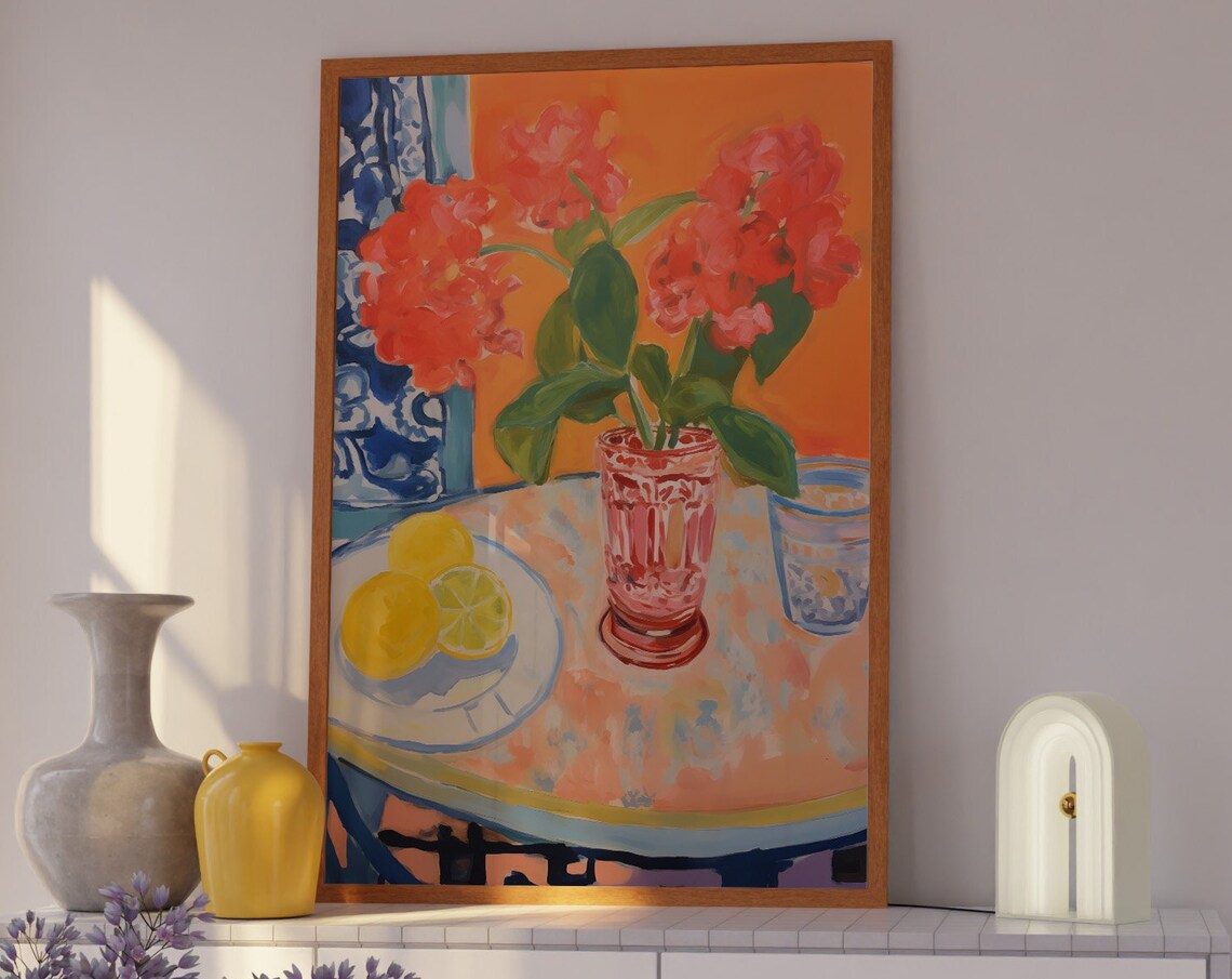 Coral Geranium Bouquet With Lemons Still Life Painting Poster