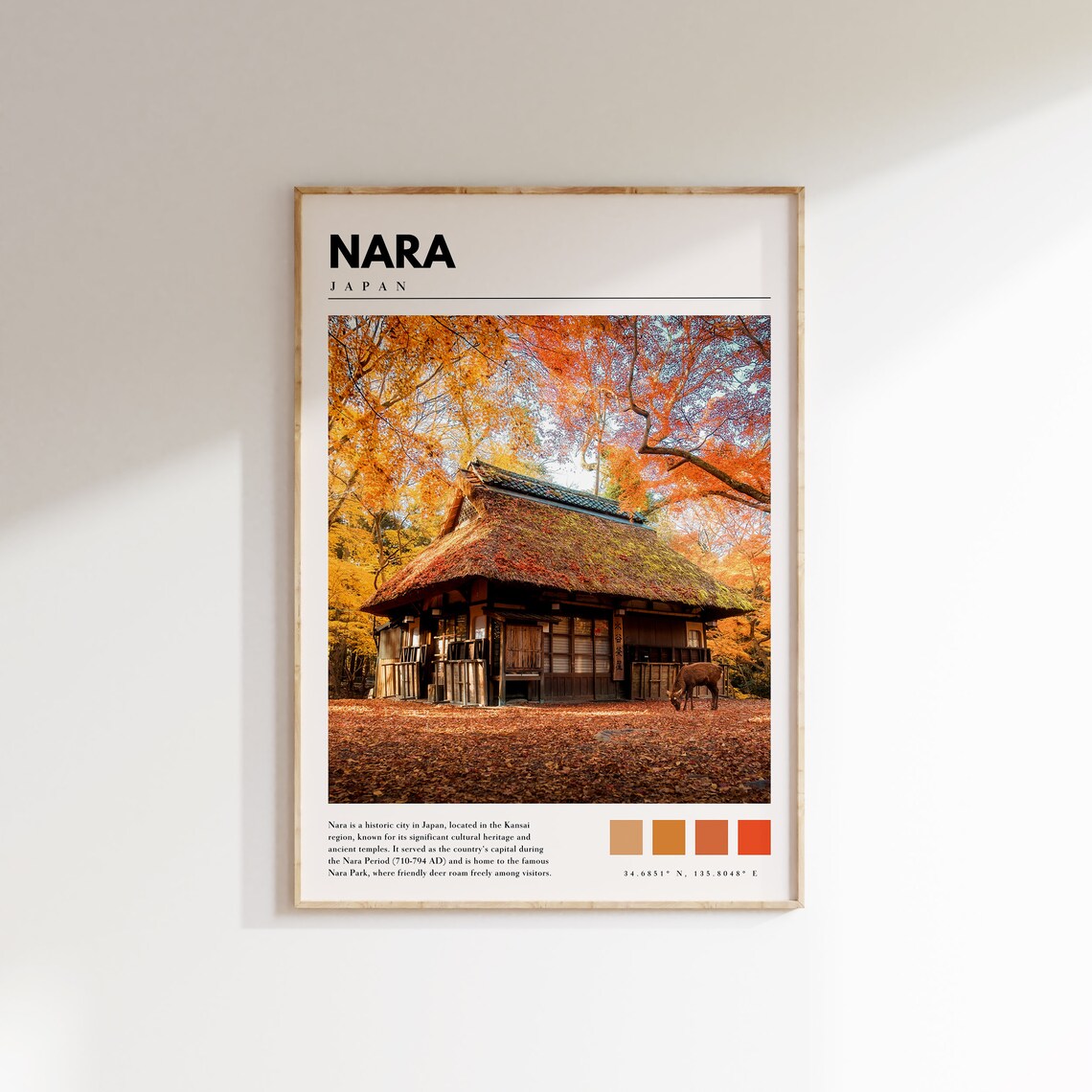Nara Japan Autumn Foliage Temple Deer Park Orange Leaves Poster