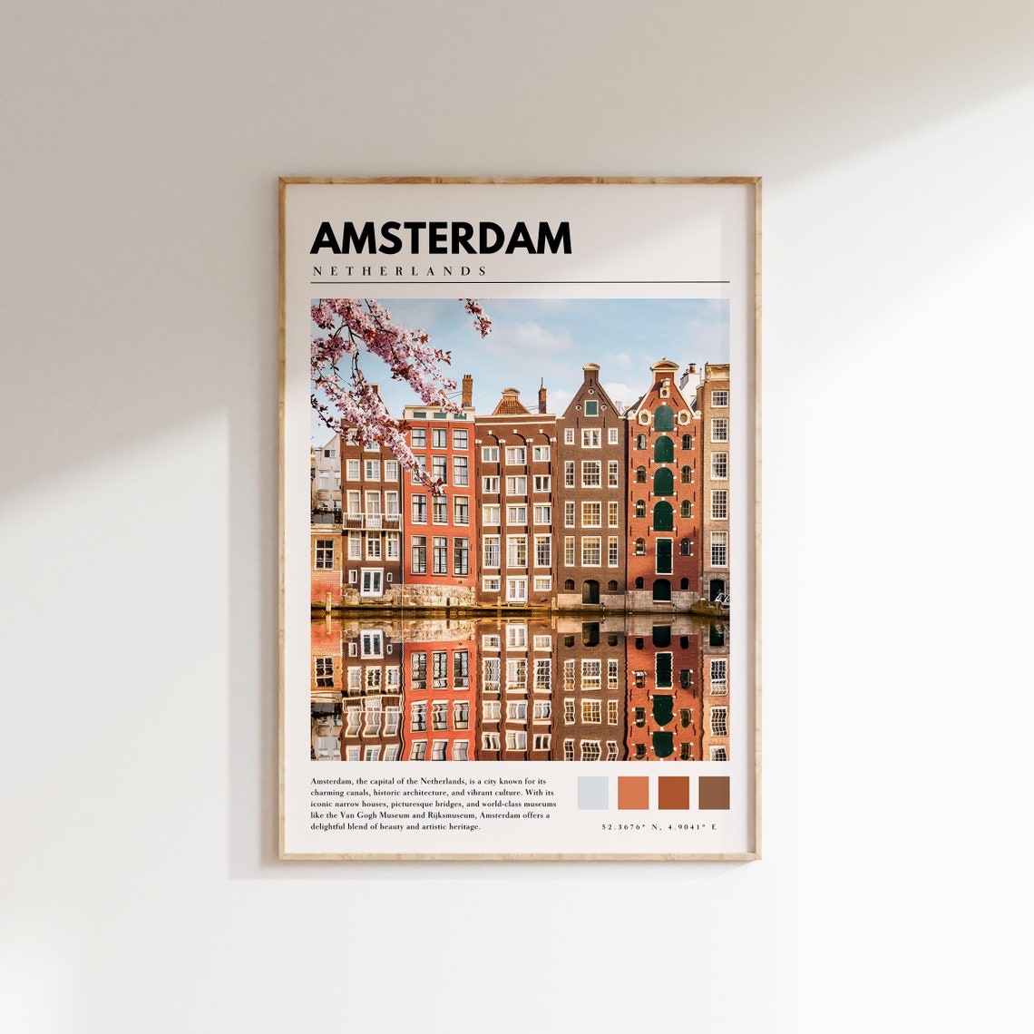 Amsterdam Canal Houses with Spring Blossom Reflection Poster
