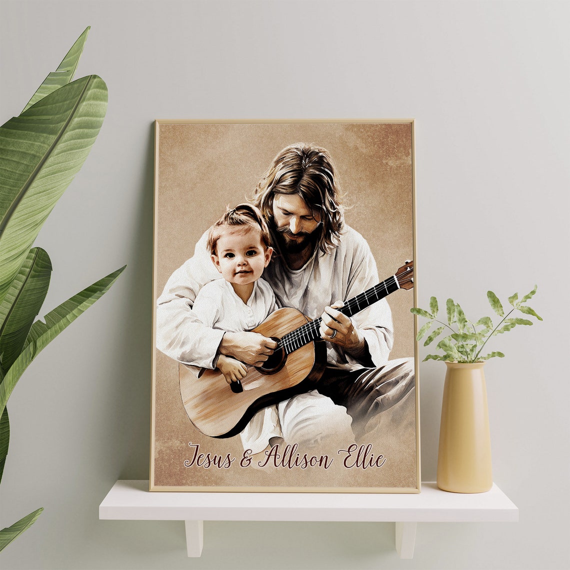 Jesus Playing Guitar With Toddler Asher Roman Sepia Watercolor Poster - Image 6