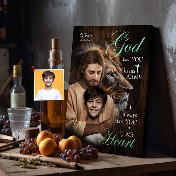 Jesus and Lion of Judah God Has You in His Arms Personalized Canvas Poster