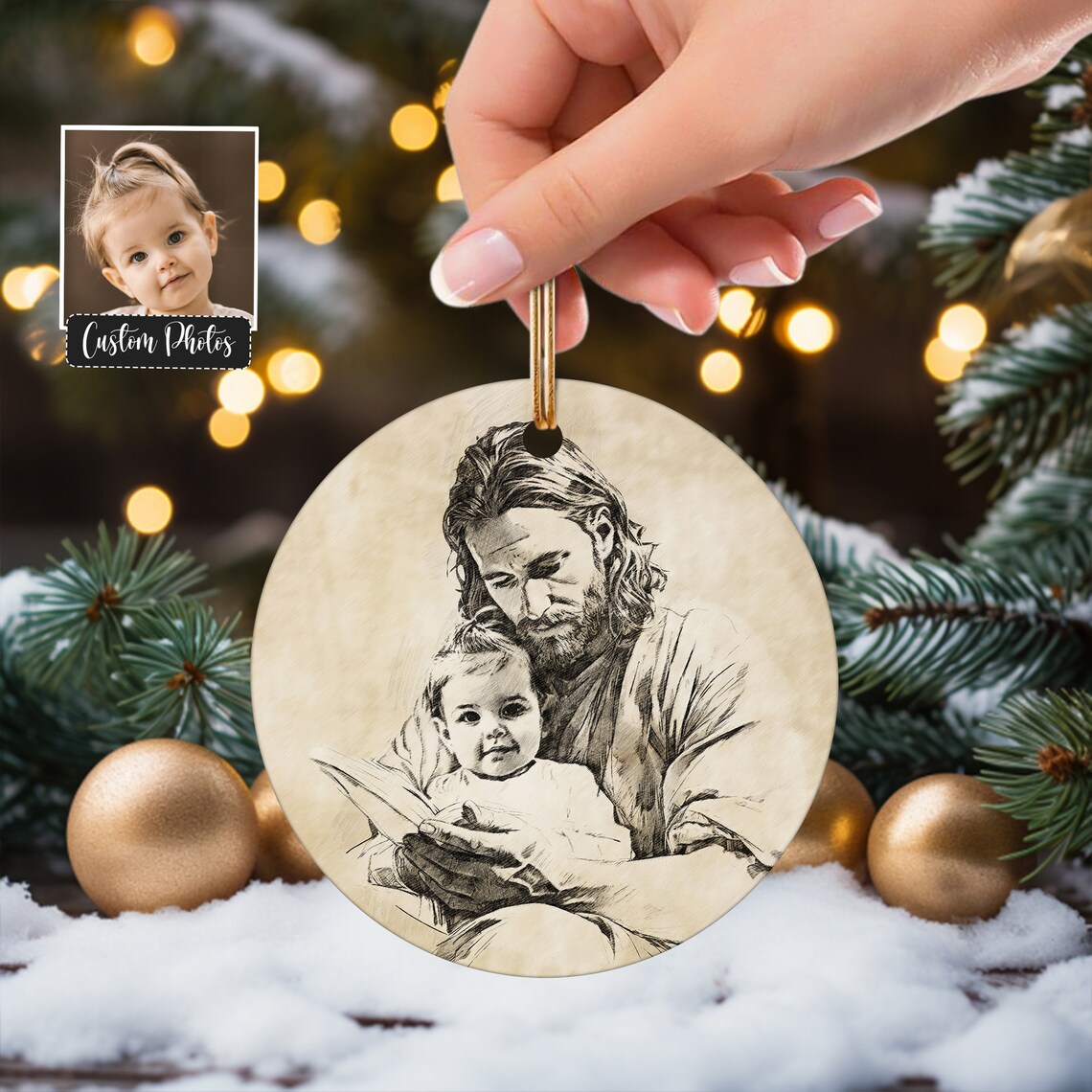 Custom Jesus and Baby Sepia Sketch Christmas Ornament Memorial Poster