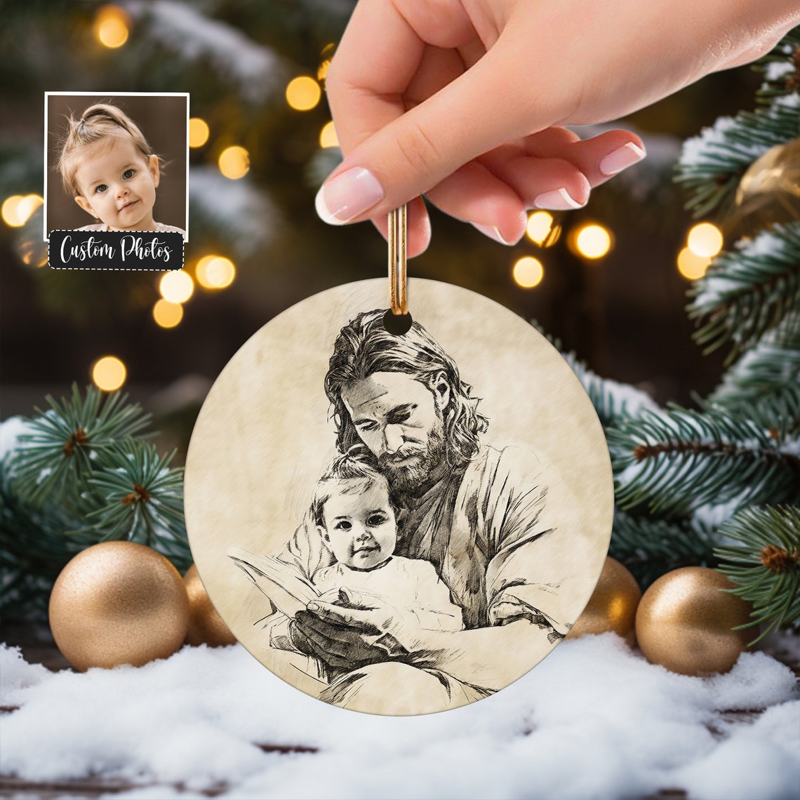 Personalized Safe In The Arms Of God Christmas Ornament Jesus Holding Baby Memorial Xmas Gift Child And God Pencil Art Christ And Baby