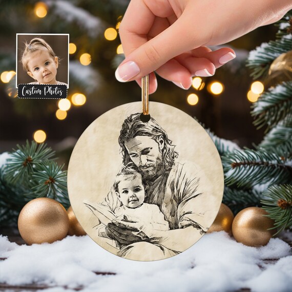 Custom Jesus and Baby Sepia Sketch Christmas Ornament Memorial Poster