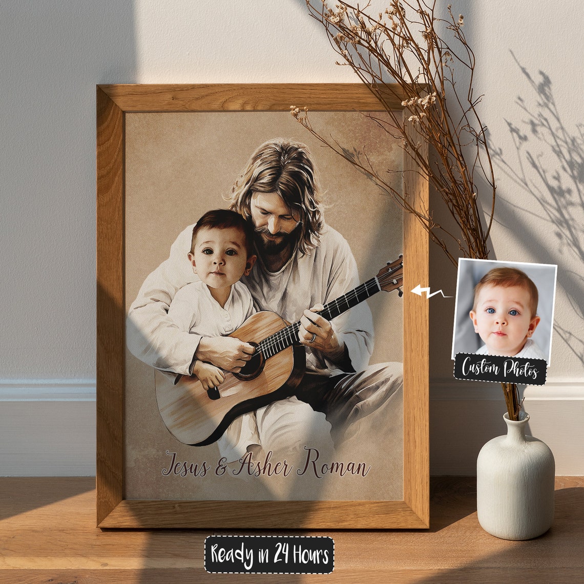 Jesus Playing Guitar With Toddler Asher Roman Sepia Watercolor Poster