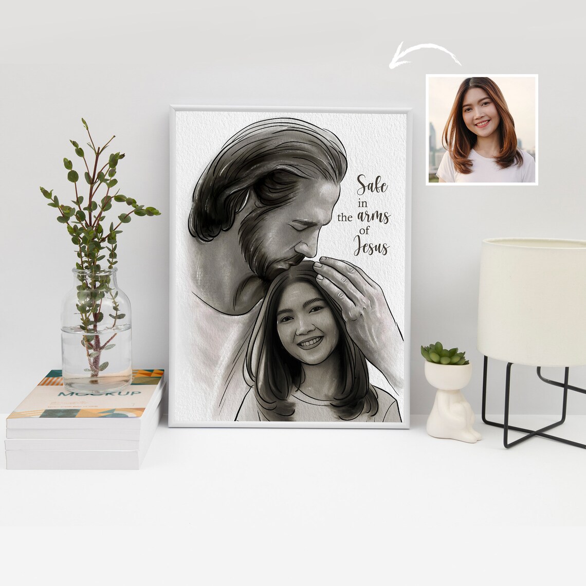 Safe in the Arms of Jesus Pencil Sketch Personalized Memorial Poster