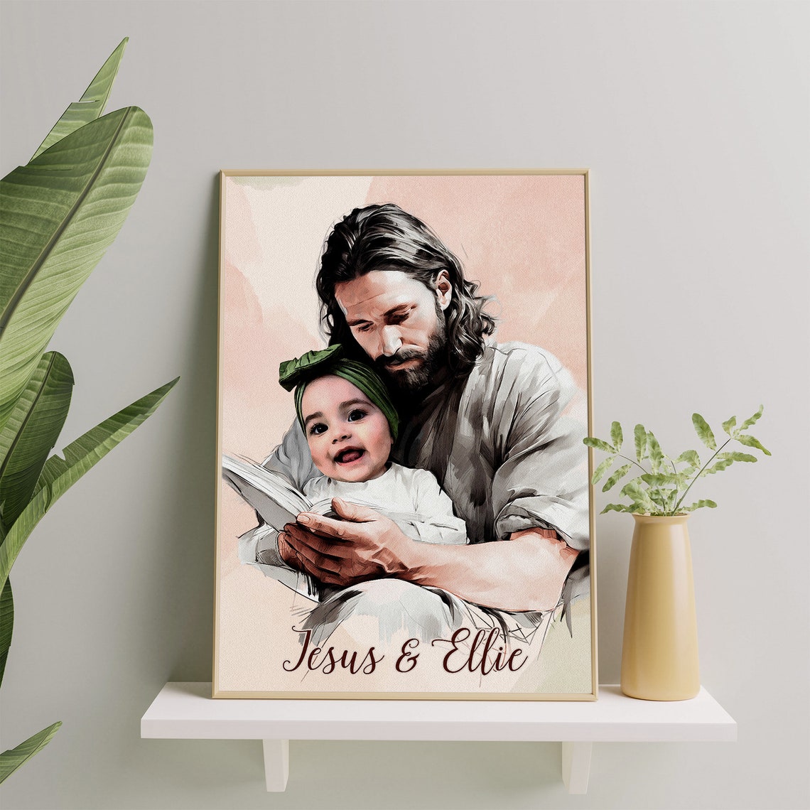 Personalized Jesus Holding Baby Memorial Your Child Safe In The Arms Of God Watercolor Wall Art Child And God Christ And Baby - Image 3