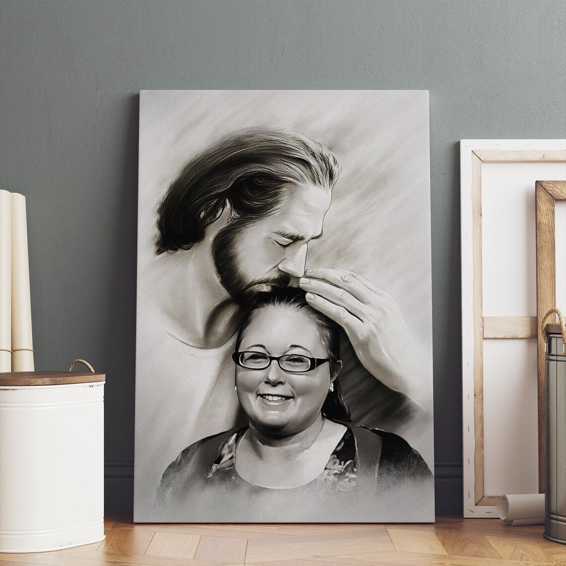 Jesus Blessing an Elderly Father Black and White Sketch Memorial Poster - Image 2