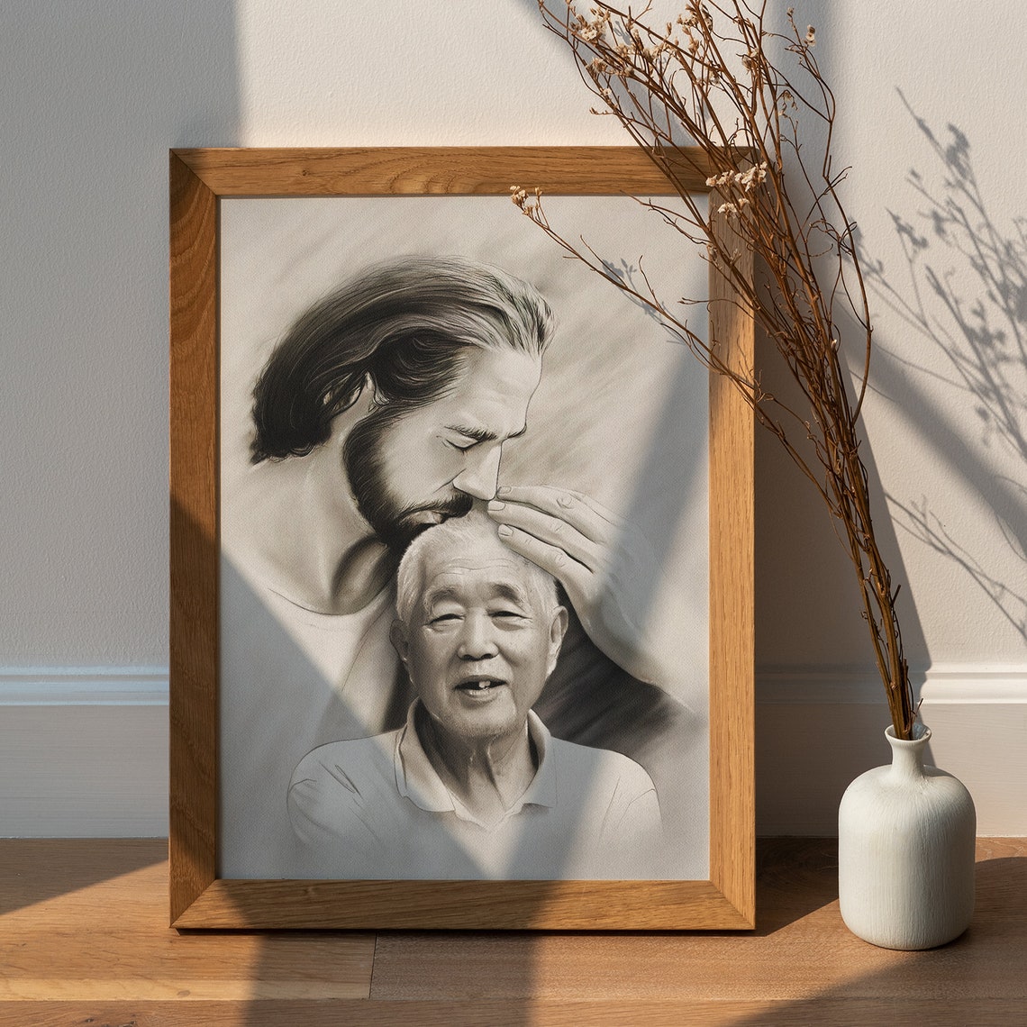 Jesus Blessing a Woman With Glasses Black and White Pencil Poster - Image 2