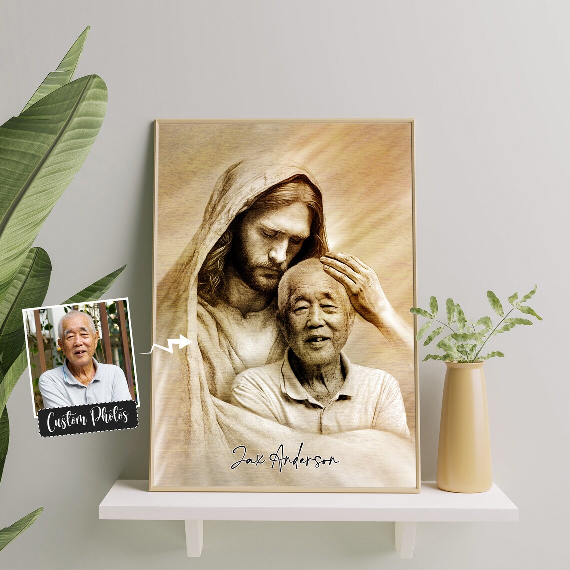 Jesus Blessing an Elderly Father Sepia Pencil Personalized Memorial Poster - Image 4