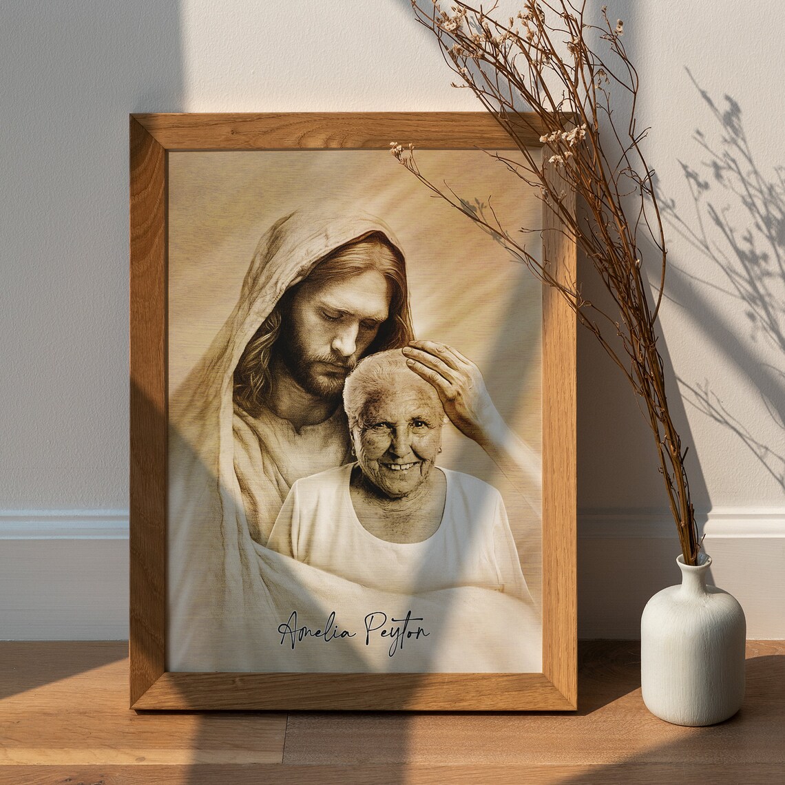 Jesus Blessing an Elderly Father Sepia Pencil Personalized Memorial Poster - Image 3