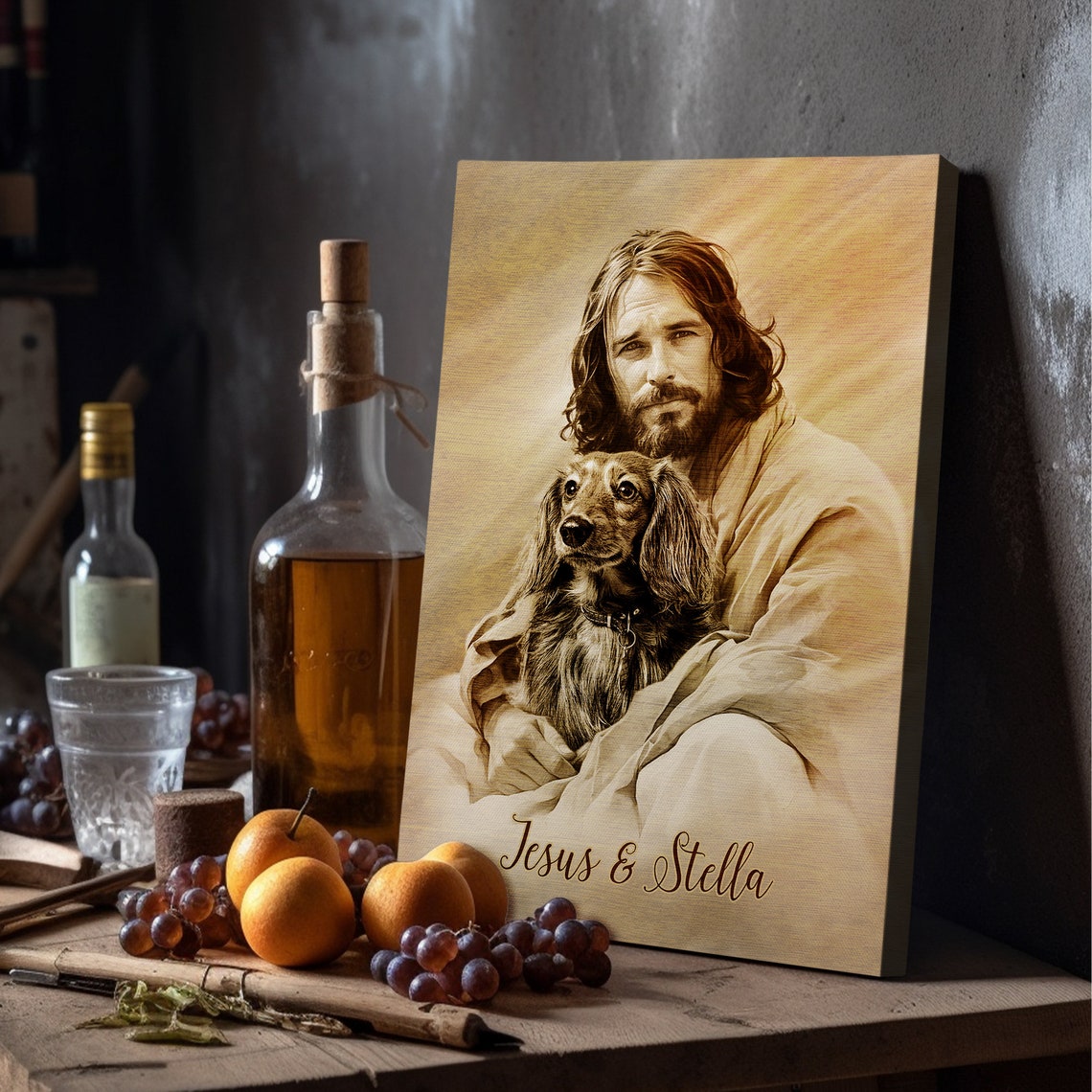 Jesus And Stella Sepia Long Haired Dachshund Custom Pet Poster - Image 3