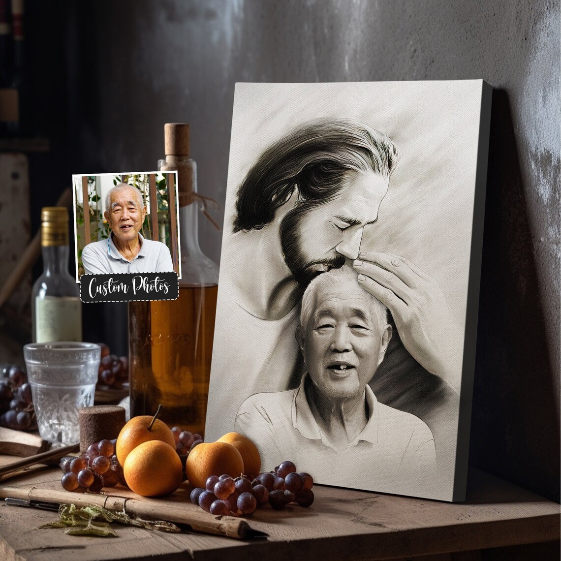 Jesus Blessing an Elderly Father Black and White Sketch Memorial Poster - Image 4