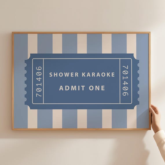 Shower Karaoke Ticket Print Retro Bathroom Art Blue Singing Funny Vintage