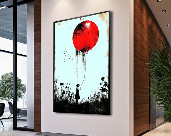 Girl with Giant Red Balloon Minimalist Silhouette Poster Street Art