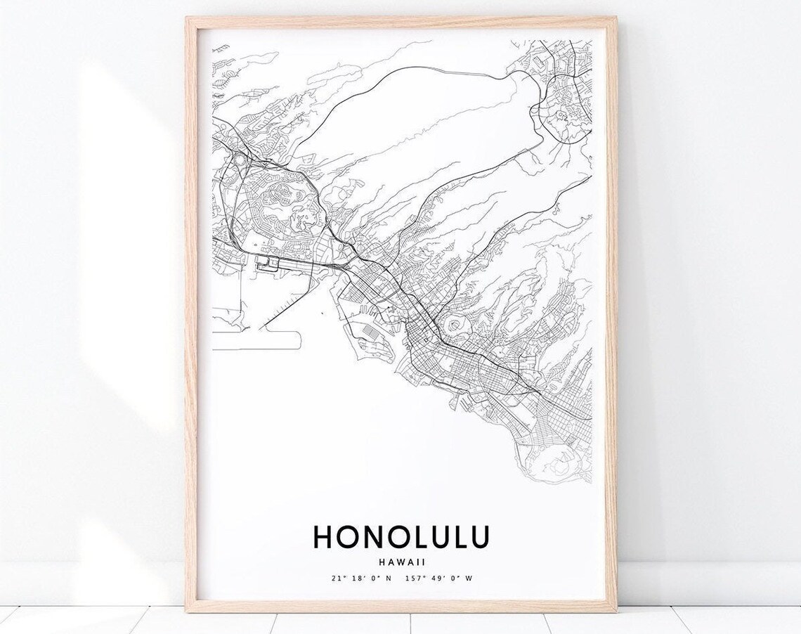 Honolulu Map Print, Hawaii Minimalist Travel Poster