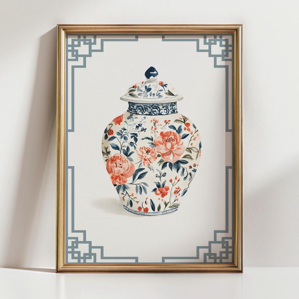 Floral Chinoiserie Ginger Jar Orange Peony Blue Fretwork Wall Art