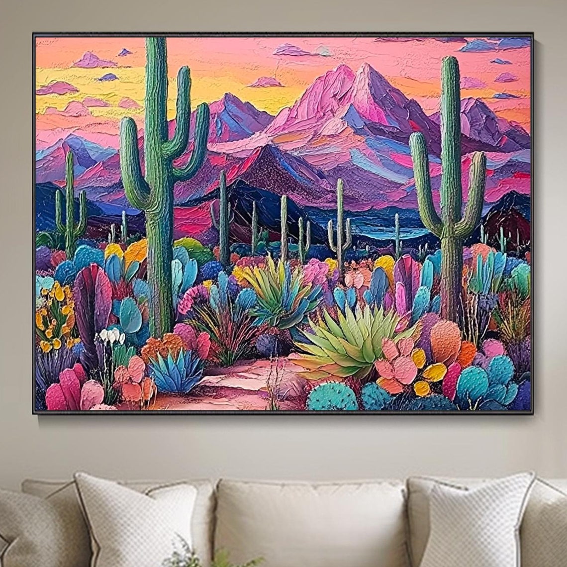 Colorful Saguaro Cactus Desert Sunset Mountain Landscape Art Poster