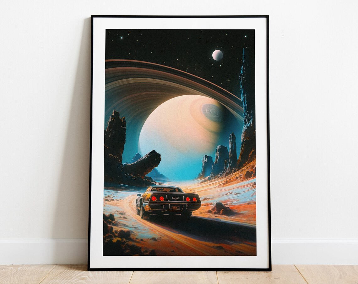 Classic Muscle Car Racing Toward a Ringed Planet Cosmic Space Poster