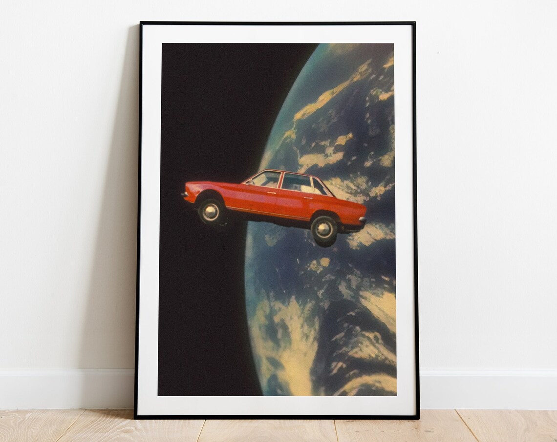 Flying Red Vintage Sedan Above Earth Surreal Retro Futurism Poster