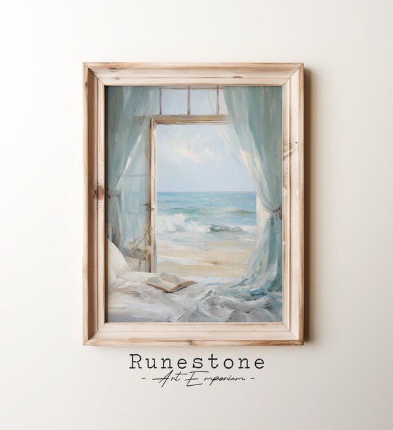 Open Window Beach View Sheer Curtains Reading Nook Coastal Poster